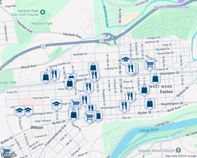 map of restaurants, bars, coffee shops, grocery stores, and more near 1458 Northampton Street in Easton