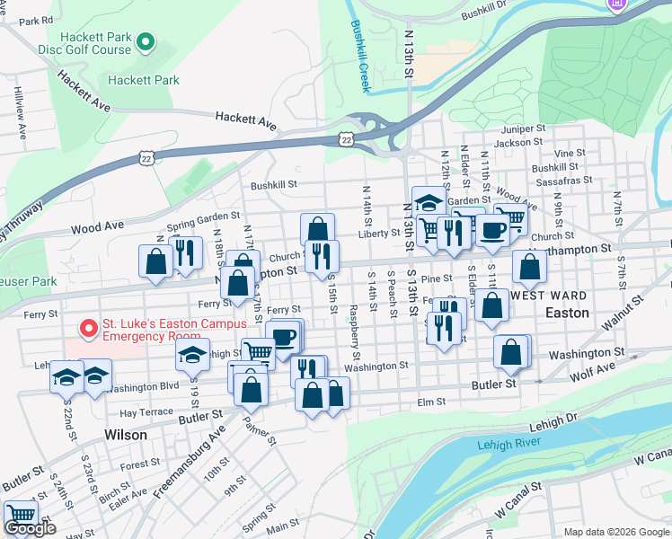 map of restaurants, bars, coffee shops, grocery stores, and more near 1458 Northampton Street in Easton
