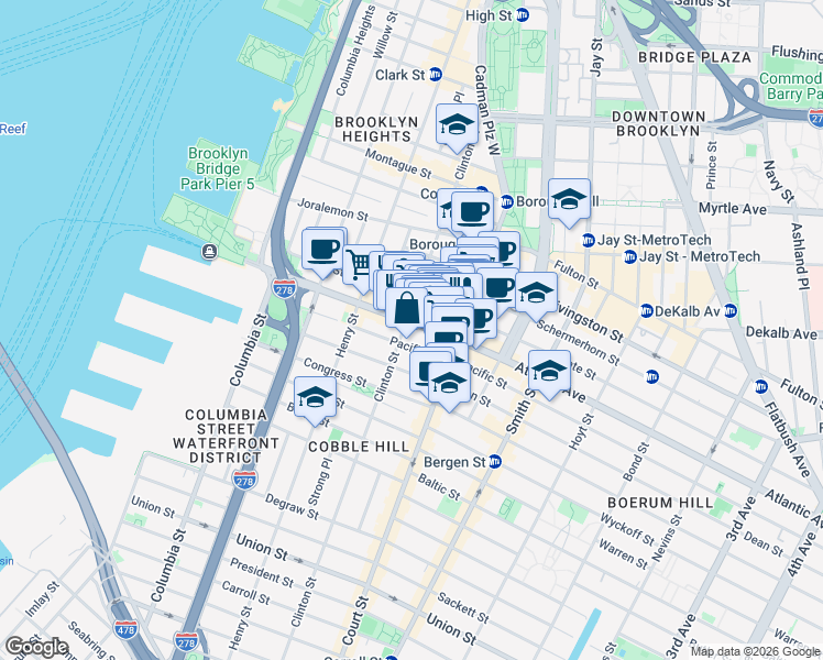 map of restaurants, bars, coffee shops, grocery stores, and more near 162 Atlantic Avenue in Brooklyn