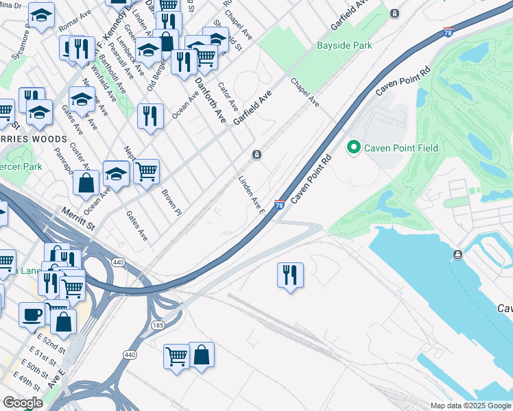 map of restaurants, bars, coffee shops, grocery stores, and more near 13 Linden Avenue East in Jersey City