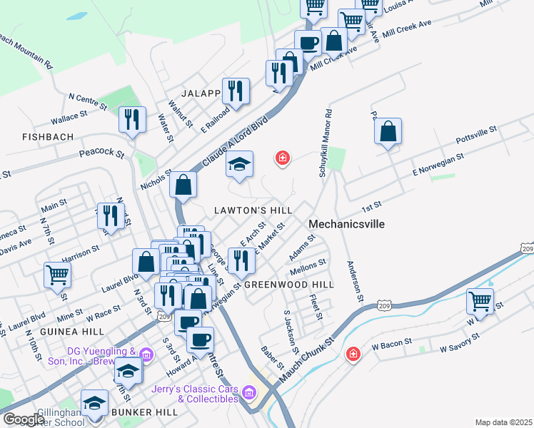 map of restaurants, bars, coffee shops, grocery stores, and more near 538 E Arch St in Pottsville