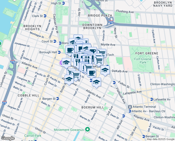map of restaurants, bars, coffee shops, grocery stores, and more near 11 Hoyt Street in Brooklyn