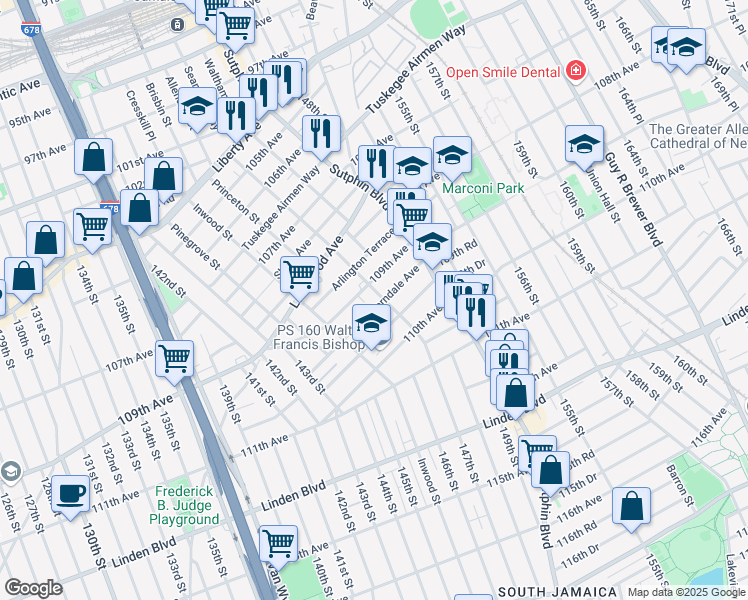 map of restaurants, bars, coffee shops, grocery stores, and more near 109-14 Liverpool Street in Queens