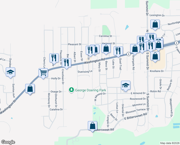 map of restaurants, bars, coffee shops, grocery stores, and more near 200 Duensing Lane in Washington
