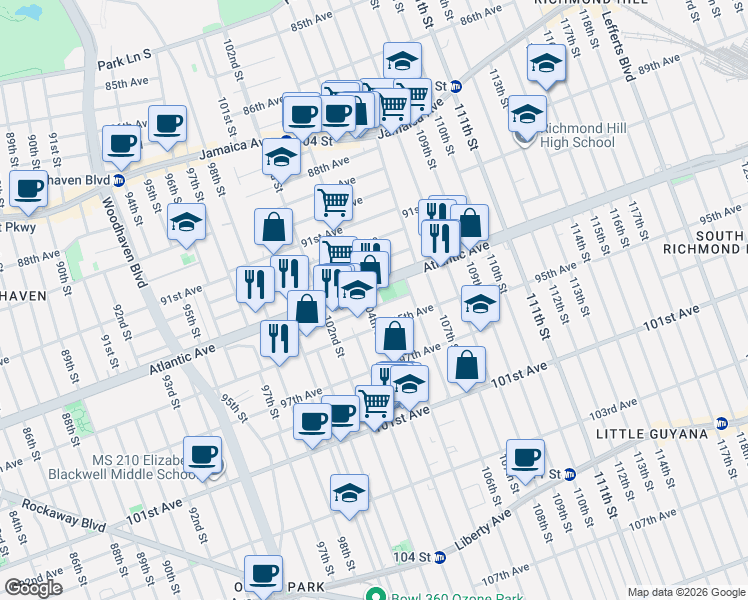 map of restaurants, bars, coffee shops, grocery stores, and more near 104-14 Atlantic Avenue in Queens