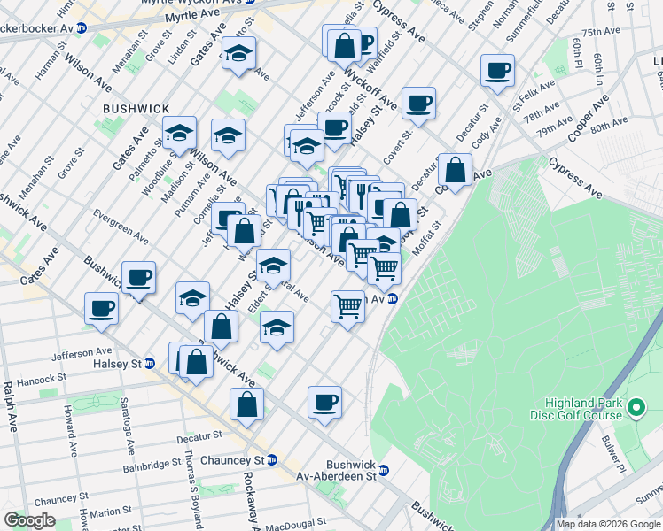 map of restaurants, bars, coffee shops, grocery stores, and more near 576 Wilson Avenue in Brooklyn