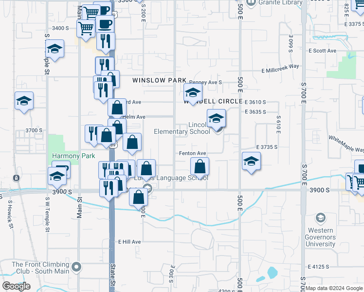 map of restaurants, bars, coffee shops, grocery stores, and more near 324 Buchanan Street South in South Salt Lake