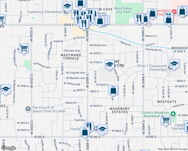 map of restaurants, bars, coffee shops, grocery stores, and more near 4765 West 3720 South in West Valley City
