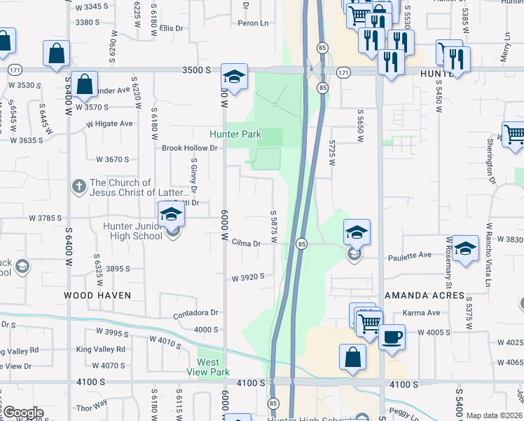 map of restaurants, bars, coffee shops, grocery stores, and more near 3754 Marsha Drive in West Valley City