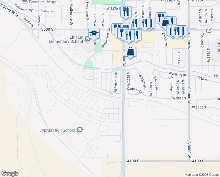 map of restaurants, bars, coffee shops, grocery stores, and more near 3747 Gold Ridge Drive in Magna