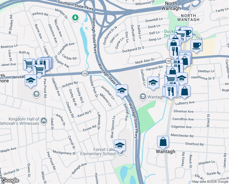 map of restaurants, bars, coffee shops, grocery stores, and more near 3379 Beltagh Avenue in Wantagh