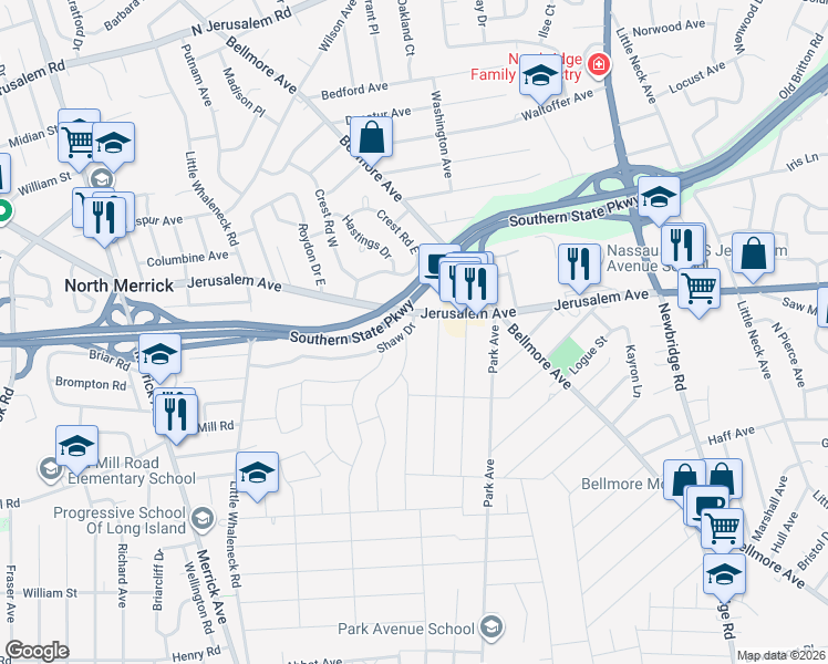 map of restaurants, bars, coffee shops, grocery stores, and more near 4 Shaw Drive in North Merrick