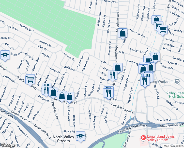 map of restaurants, bars, coffee shops, grocery stores, and more near 683 Lawrence Street in Elmont