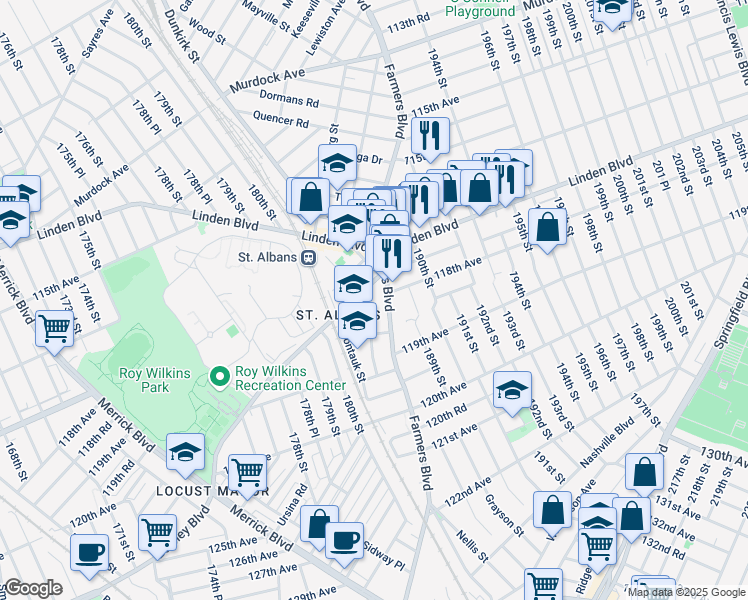 map of restaurants, bars, coffee shops, grocery stores, and more near 117-30 Farmers Boulevard in Queens