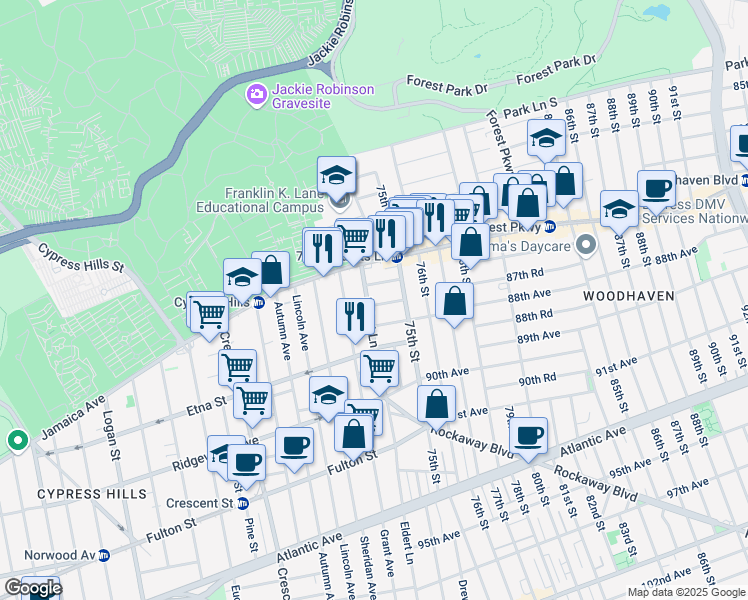 map of restaurants, bars, coffee shops, grocery stores, and more near 87-01 Eldert Lane in Queens