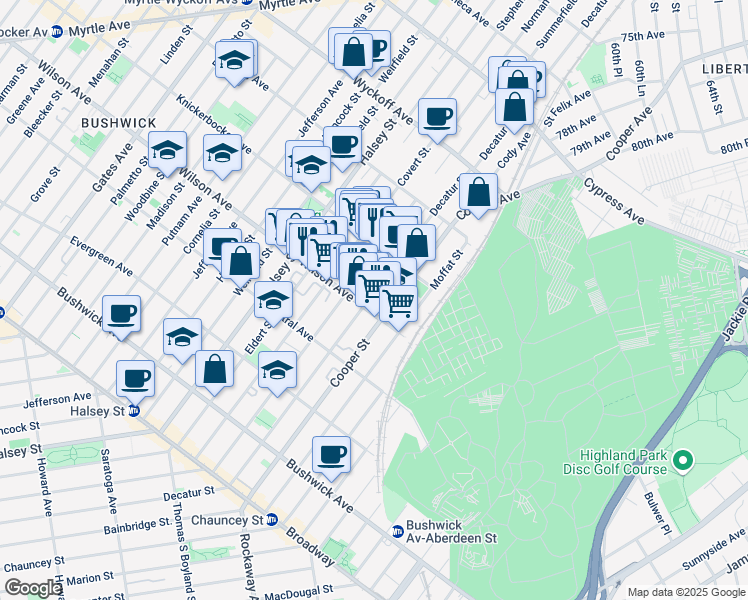map of restaurants, bars, coffee shops, grocery stores, and more near 220 Schaefer Street in Brooklyn