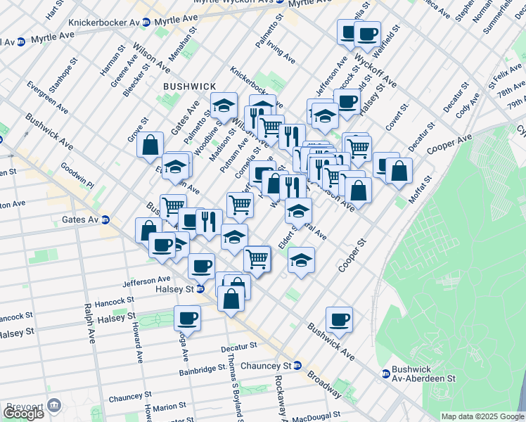 map of restaurants, bars, coffee shops, grocery stores, and more near 1150 Hancock Street in Brooklyn