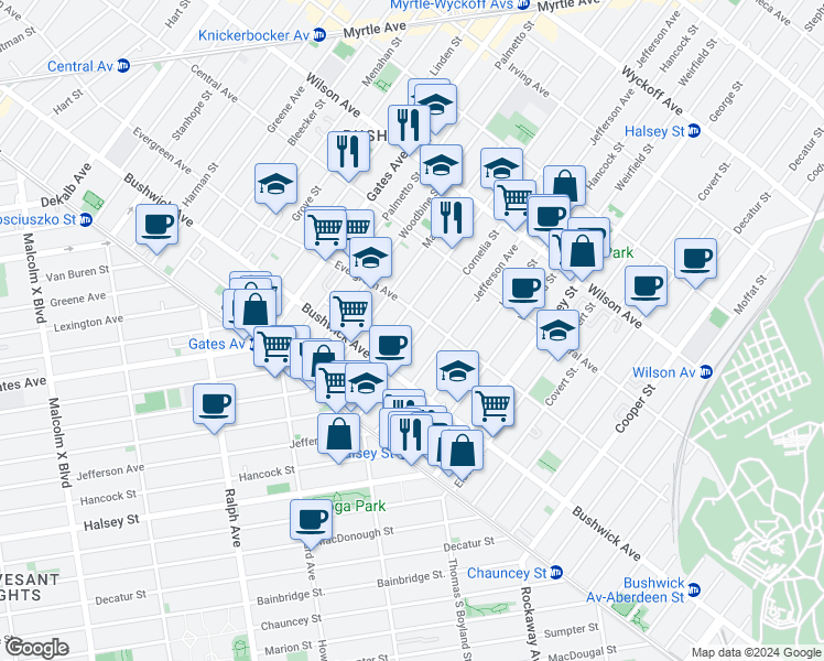 map of restaurants, bars, coffee shops, grocery stores, and more near 521 Evergreen Avenue in Brooklyn