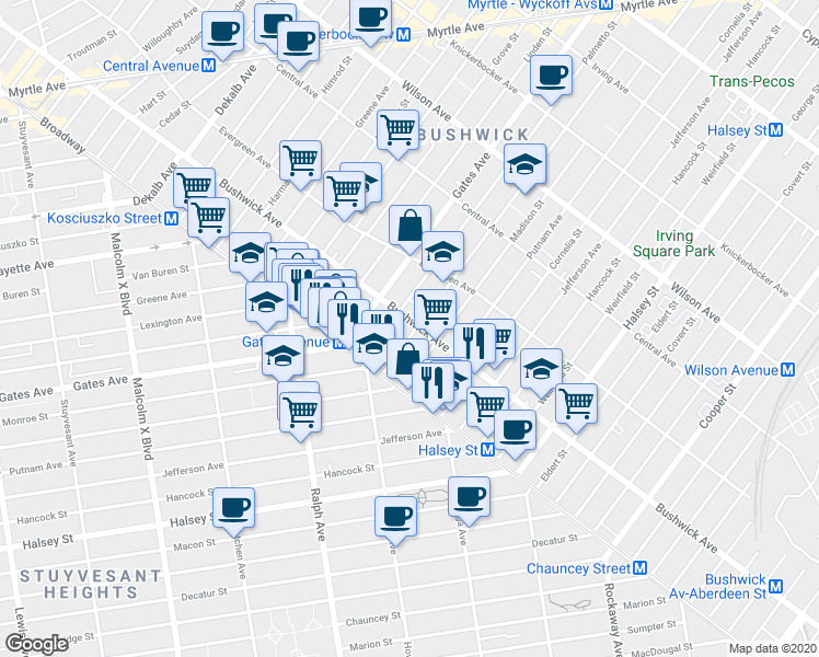 map of restaurants, bars, coffee shops, grocery stores, and more near 1071 Bushwick Avenue in Brooklyn