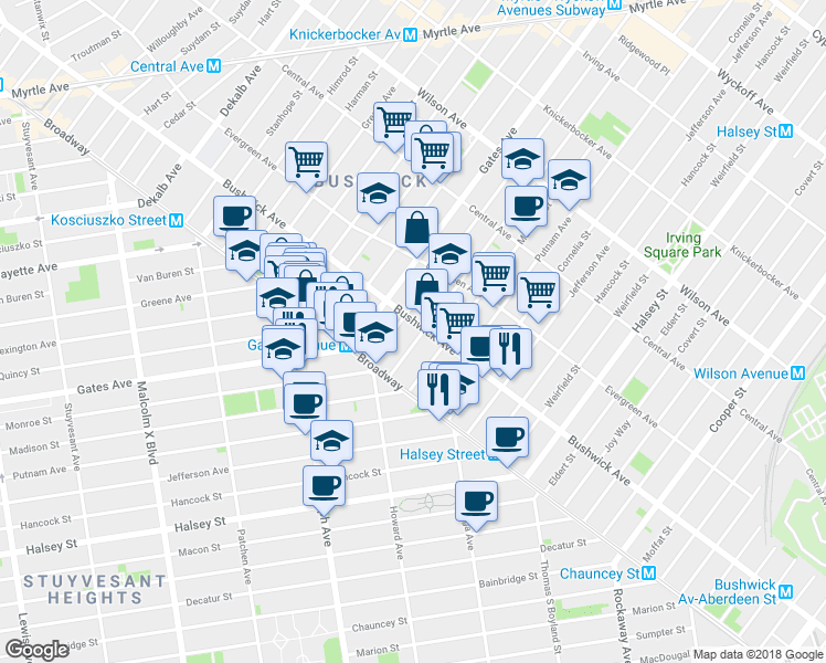 map of restaurants, bars, coffee shops, grocery stores, and more near 1071 Bushwick Avenue in Brooklyn