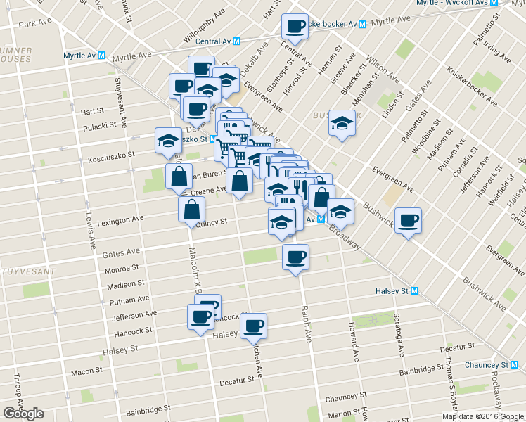 map of restaurants, bars, coffee shops, grocery stores, and more near 824 Lexington Avenue in Brooklyn
