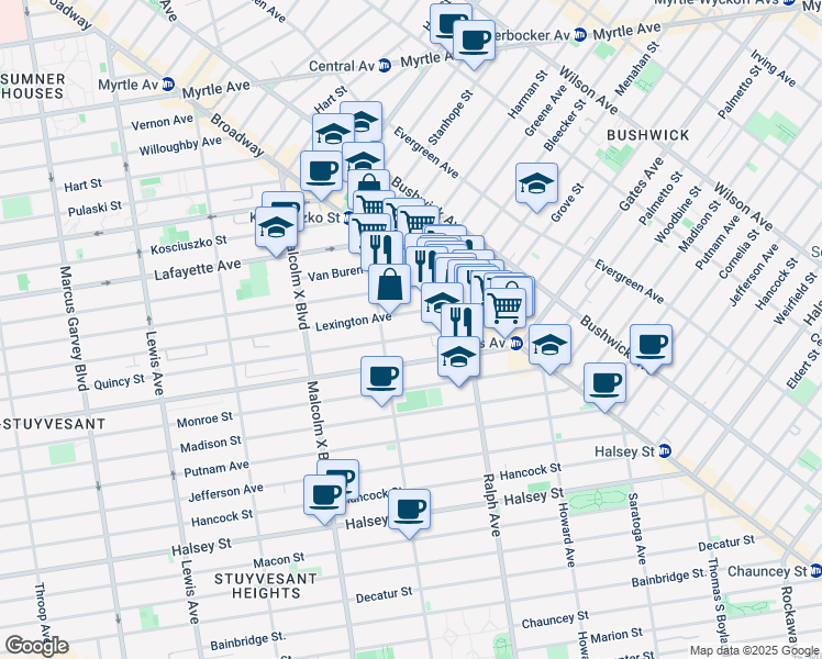 map of restaurants, bars, coffee shops, grocery stores, and more near 824 Lexington Avenue in Brooklyn