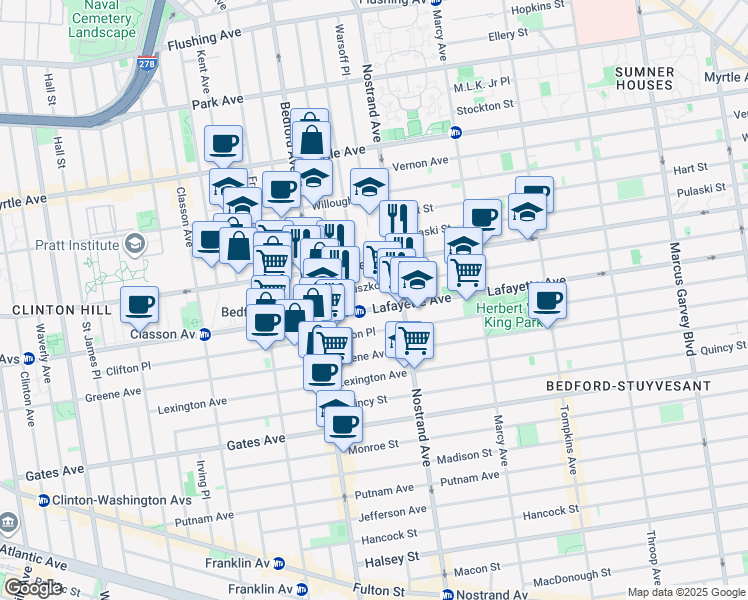 map of restaurants, bars, coffee shops, grocery stores, and more near 58 1/2 Kosciuszko Street in Brooklyn