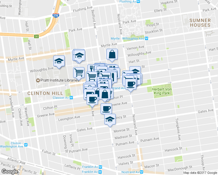map of restaurants, bars, coffee shops, grocery stores, and more near 14 Spencer Court in Brooklyn