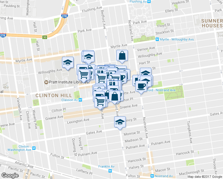 map of restaurants, bars, coffee shops, grocery stores, and more near 996 Bedford Avenue in Brooklyn
