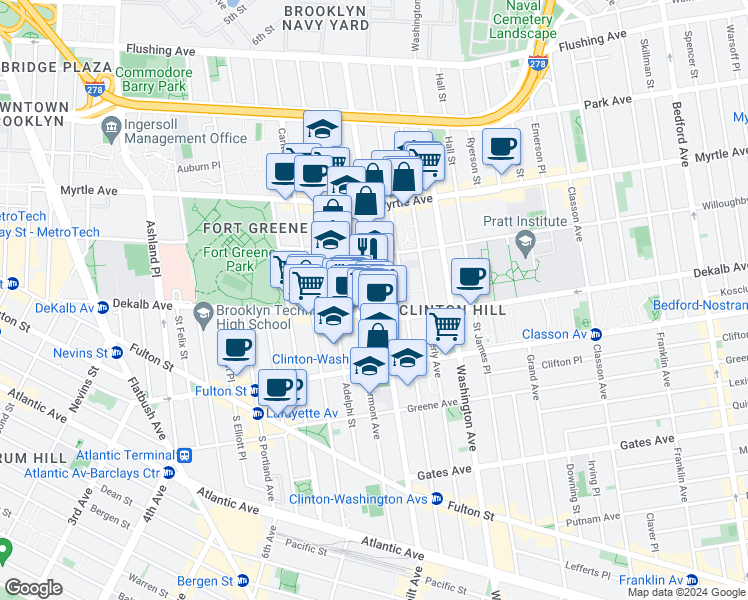 map of restaurants, bars, coffee shops, grocery stores, and more near 232 Vanderbilt Avenue in Brooklyn