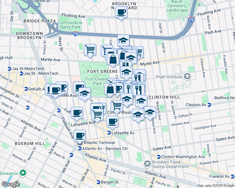 map of restaurants, bars, coffee shops, grocery stores, and more near 242 Carlton Avenue in Brooklyn