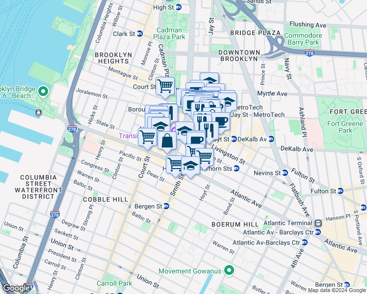 map of restaurants, bars, coffee shops, grocery stores, and more near 130 Livingston Street in Brooklyn