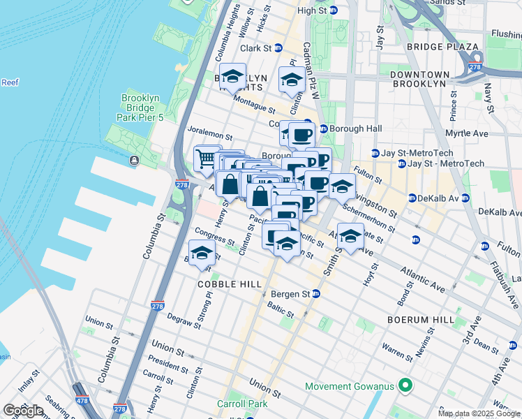 map of restaurants, bars, coffee shops, grocery stores, and more near 151 Atlantic Avenue in Brooklyn