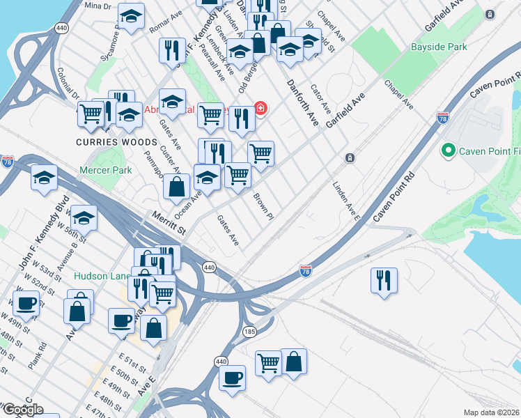 map of restaurants, bars, coffee shops, grocery stores, and more near 100 Brown Place in Jersey City