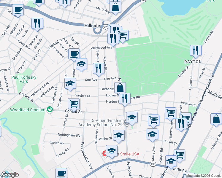 map of restaurants, bars, coffee shops, grocery stores, and more near 1136 Bank Street in Hillside