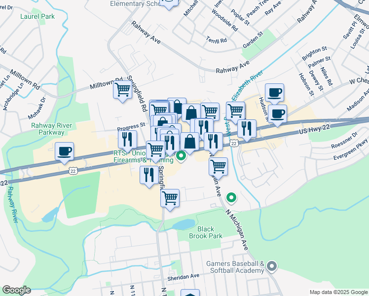 map of restaurants, bars, coffee shops, grocery stores, and more near 2443-2447 U.S. 22 in Union