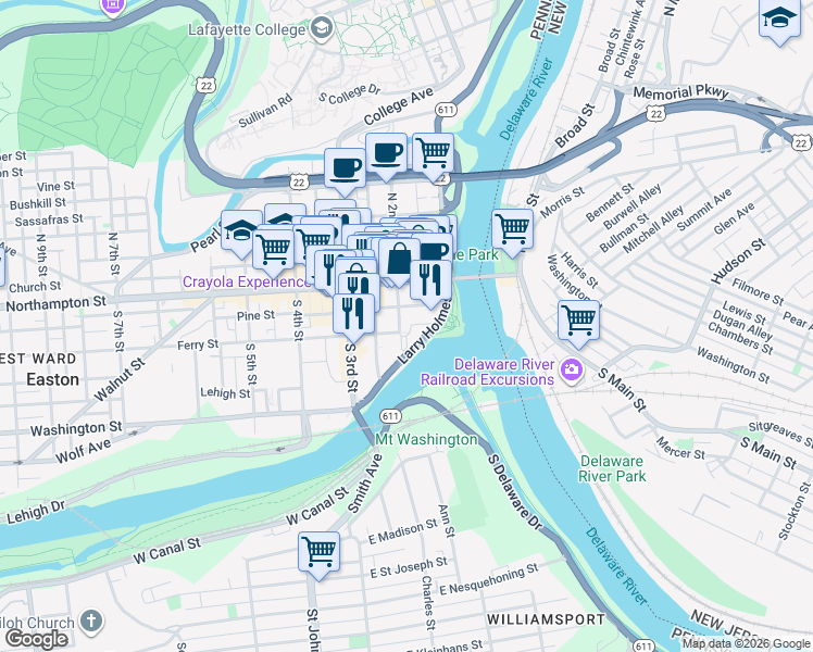 map of restaurants, bars, coffee shops, grocery stores, and more near 42 South 2nd Street in Easton