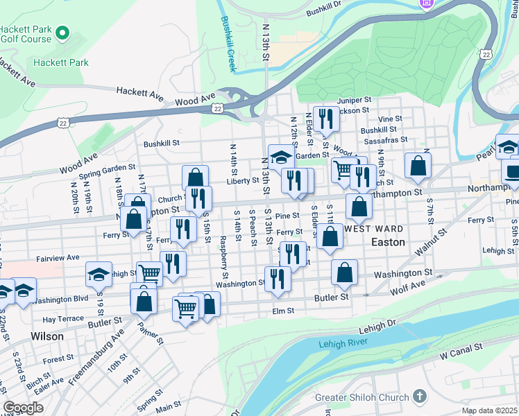 map of restaurants, bars, coffee shops, grocery stores, and more near 1259 Northampton Street in Easton
