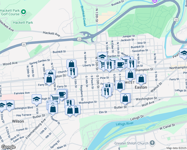 map of restaurants, bars, coffee shops, grocery stores, and more near 1337 Northampton Street in Easton