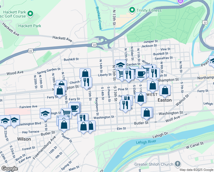 map of restaurants, bars, coffee shops, grocery stores, and more near 1337 Northampton Street in Easton