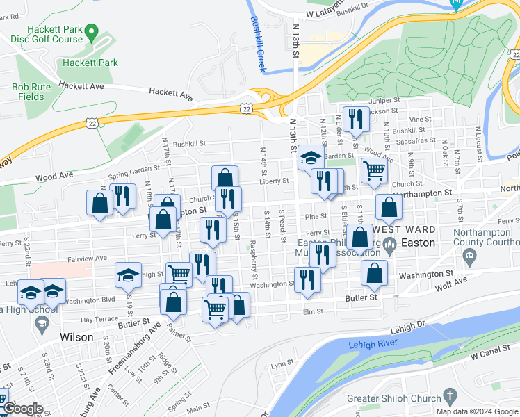 map of restaurants, bars, coffee shops, grocery stores, and more near 1427 Northampton Street in Easton