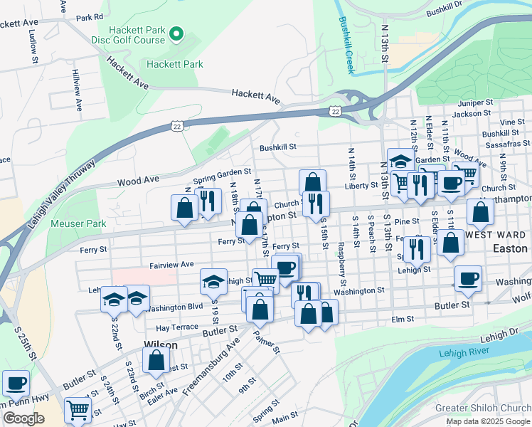 map of restaurants, bars, coffee shops, grocery stores, and more near 29 North 17th Street in Easton