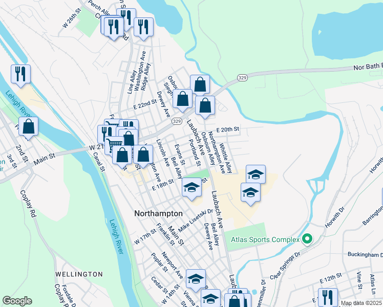 map of restaurants, bars, coffee shops, grocery stores, and more near 330 East 19th Street in Northampton
