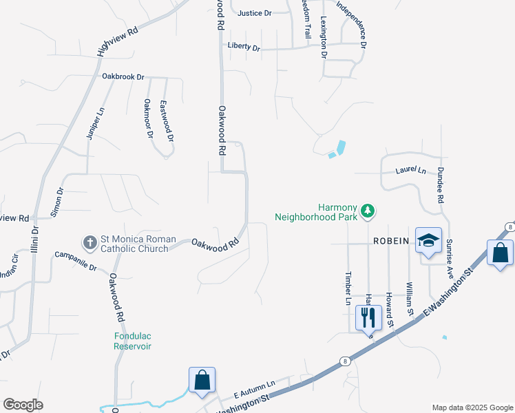 map of restaurants, bars, coffee shops, grocery stores, and more near 824-856 Oakwood Road in East Peoria