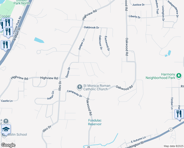 map of restaurants, bars, coffee shops, grocery stores, and more near 123 Kickapoo Drive in East Peoria
