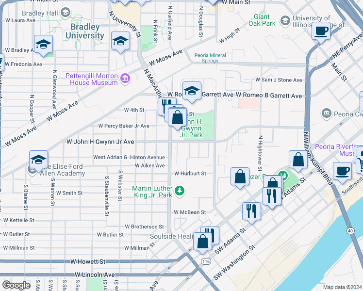 map of restaurants, bars, coffee shops, grocery stores, and more near in Peoria