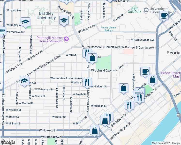 map of restaurants, bars, coffee shops, grocery stores, and more near in Peoria