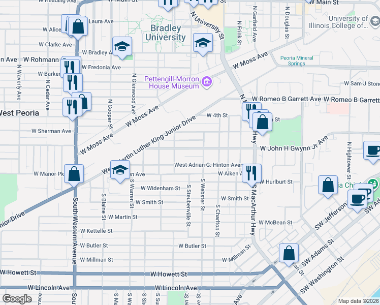 map of restaurants, bars, coffee shops, grocery stores, and more near 1213 W John H Gwynn Jr Ave in Peoria