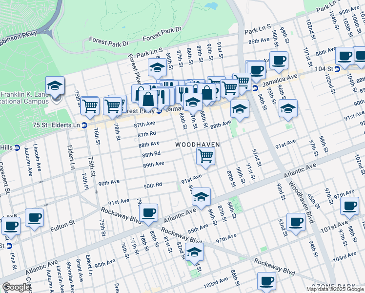 map of restaurants, bars, coffee shops, grocery stores, and more near 80-88 88th Avenue in Queens