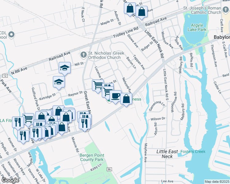 map of restaurants, bars, coffee shops, grocery stores, and more near 501 Montauk Highway in West Babylon
